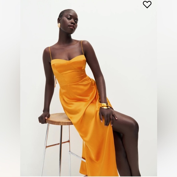 NWT Reformation Marguerite Silk Midi Dress Cantaloupe Orange Gold - Picture 2 of 6